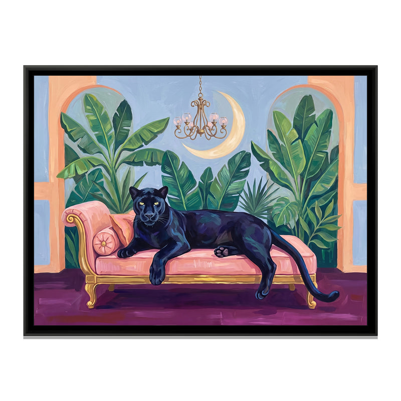 Black Panther on a Blush Daybed in Powder Blue and Peach - framed canvas print, front view