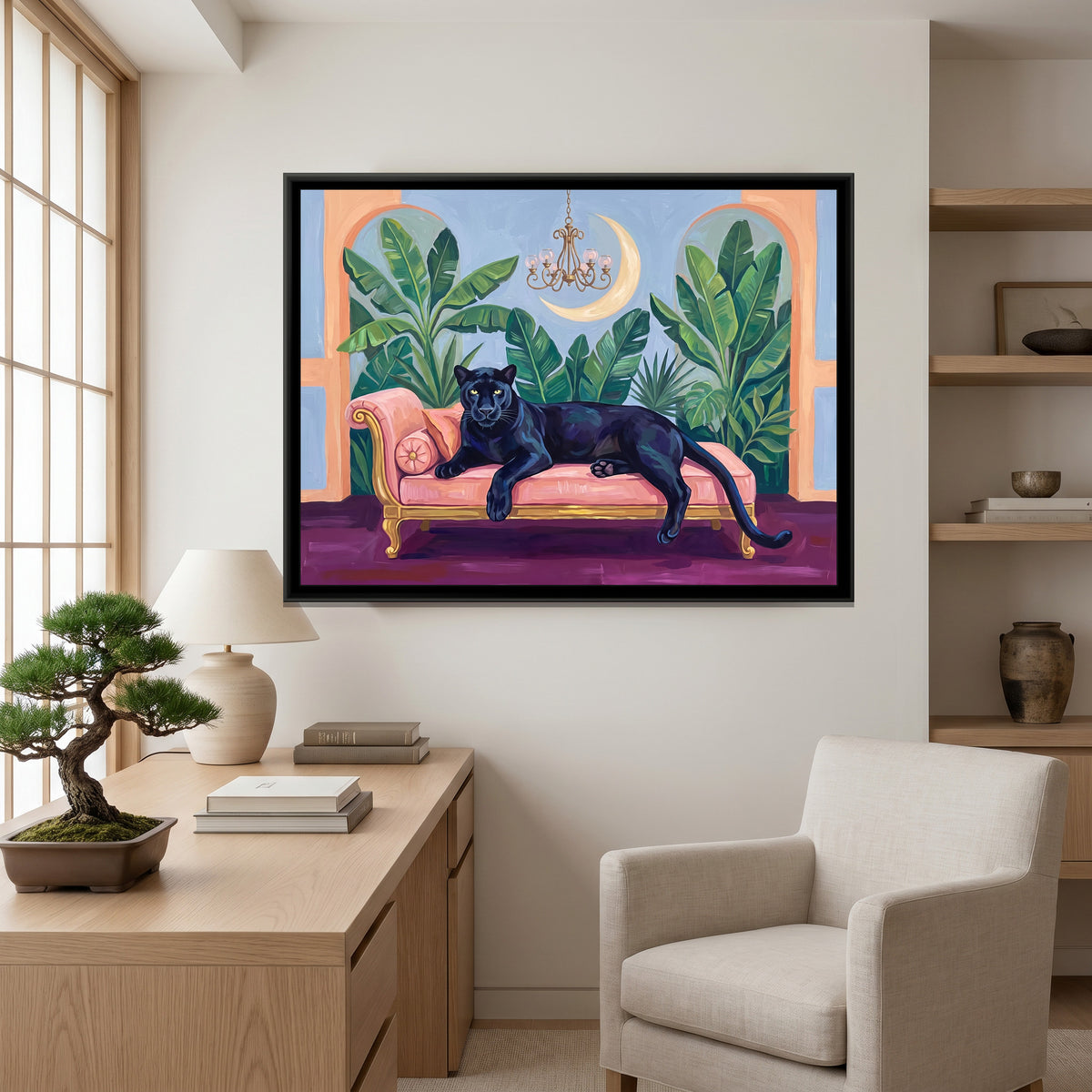 Black Panther on a Blush Daybed in Powder Blue and Peach - canvas art shown in a styled room