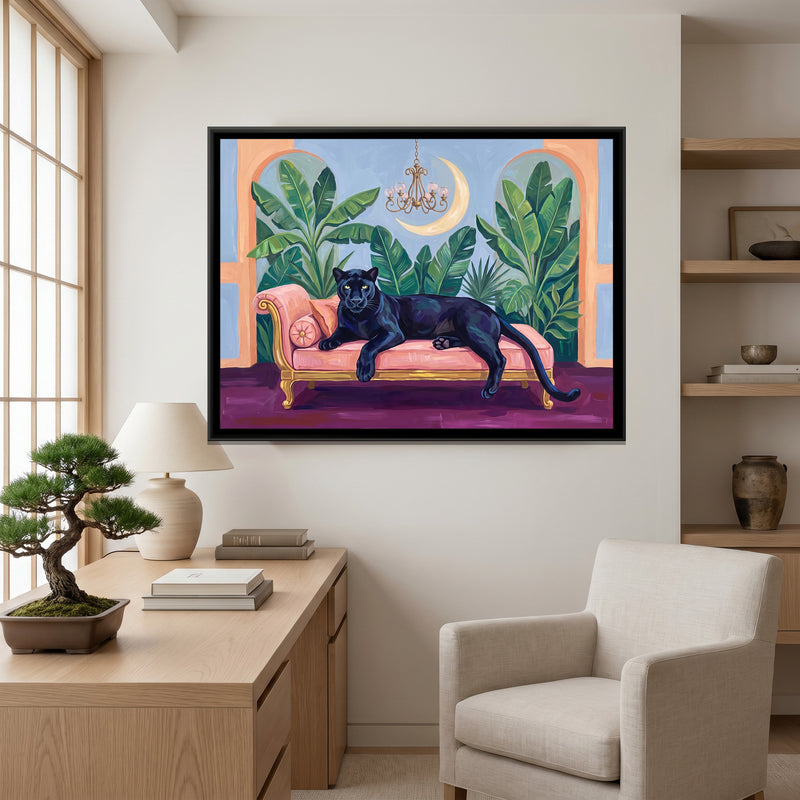 Black Panther on a Blush Daybed in Powder Blue and Peach - canvas art shown in a styled room