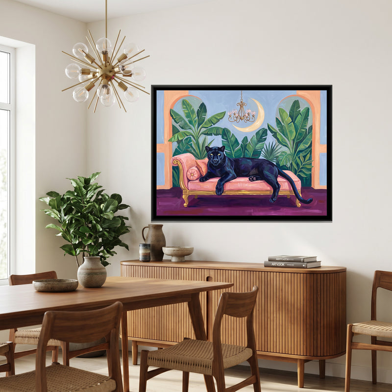 Black Panther on a Blush Daybed in Powder Blue and Peach - canvas art shown in a second room setting