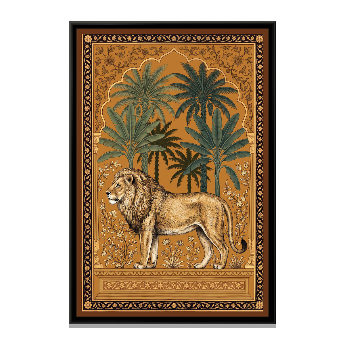 Lion under a Palm Arch - framed canvas print, front view