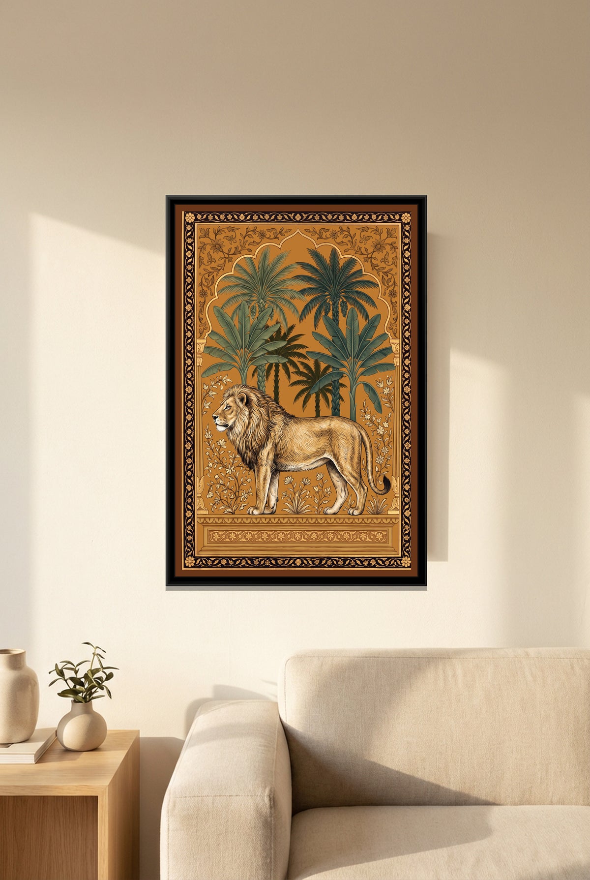 Lion under a Palm Arch - canvas art shown in a styled room