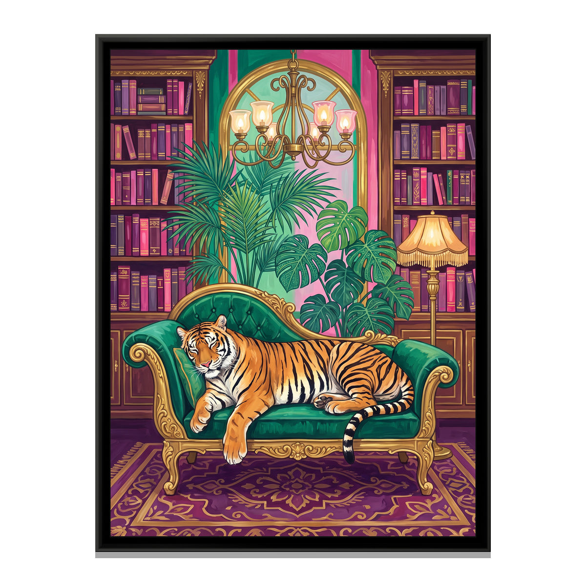 Tiger on an Emerald Chaise - framed canvas print, front view