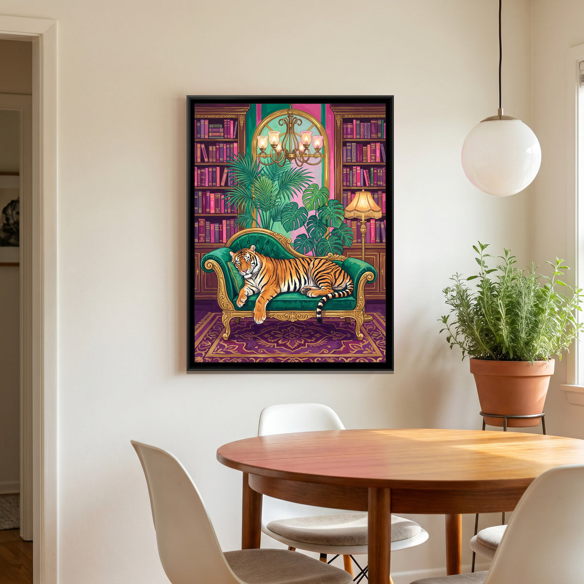 Tiger on an Emerald Chaise - canvas art shown in a styled room