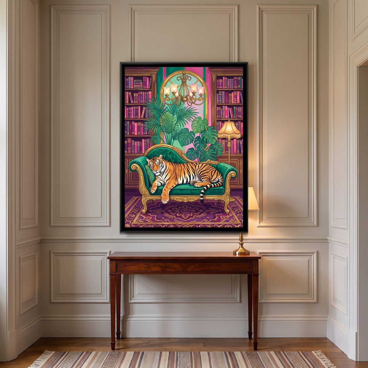 Tiger on an Emerald Chaise - canvas art shown in a second room setting