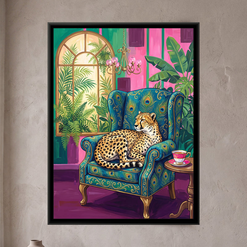 Cheetah in a Peacock Armchair - framed canvas art hung on a wall