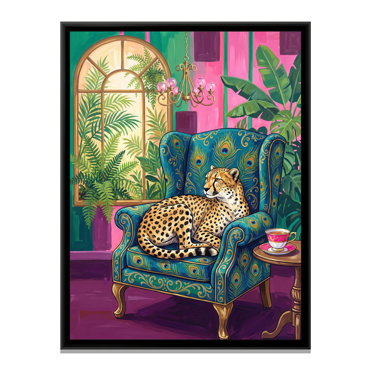 Cheetah in a Peacock Armchair - framed canvas print, front view