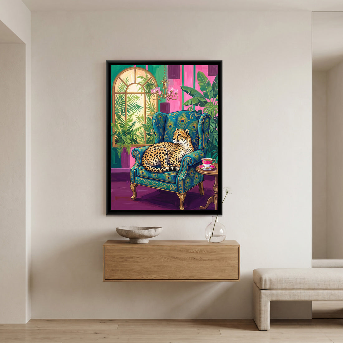 A Kolorkaari canvas in a floater frame, in a room