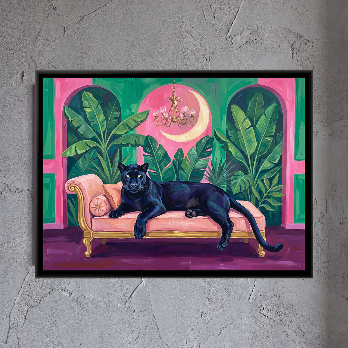 Black Panther on a Blush Daybed in Pink and Emerald - framed canvas art hung on a wall