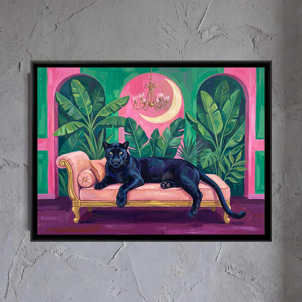 Black Panther on a Blush Daybed in Pink and Emerald