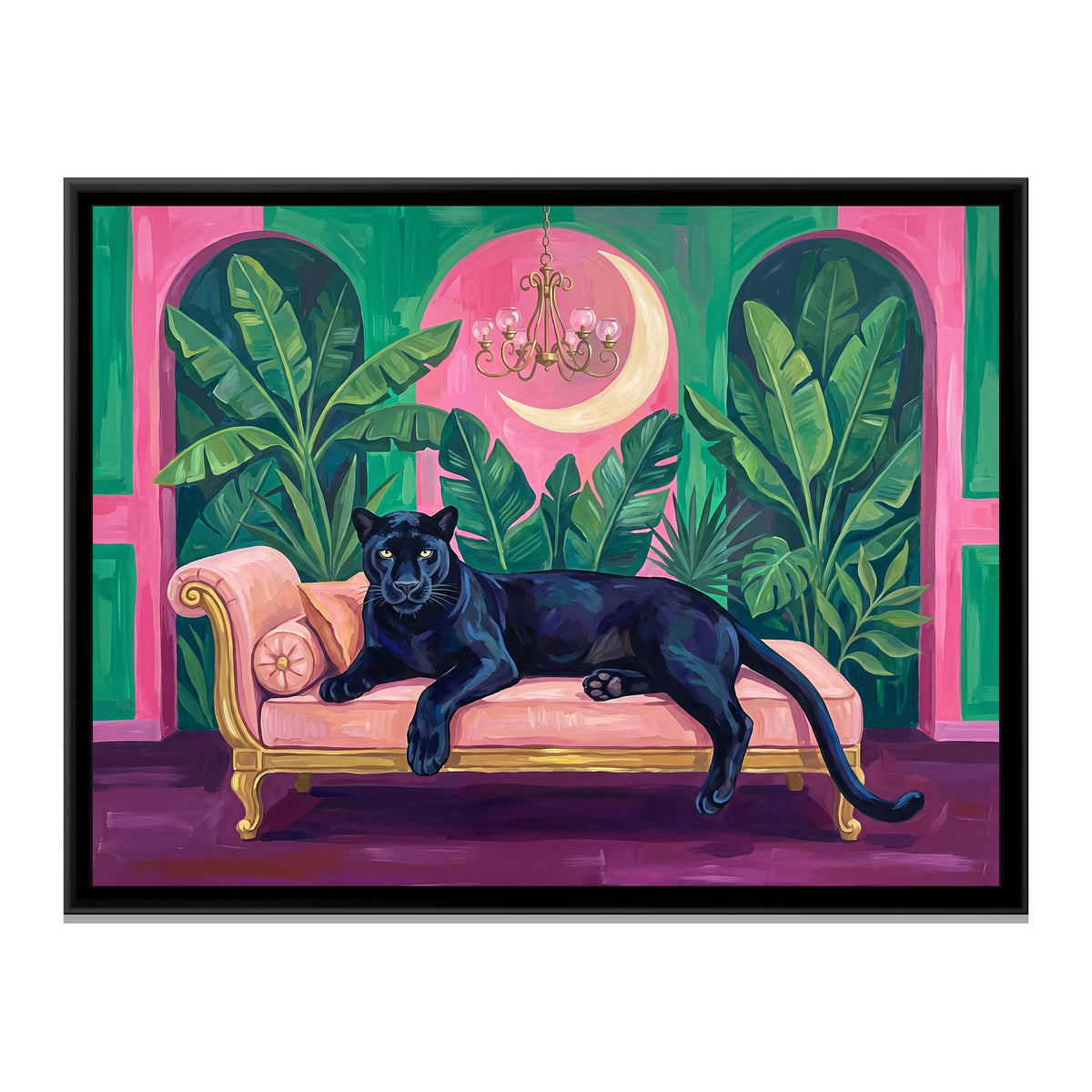 Black Panther on a Blush Daybed in Pink and Emerald - framed canvas print, front view
