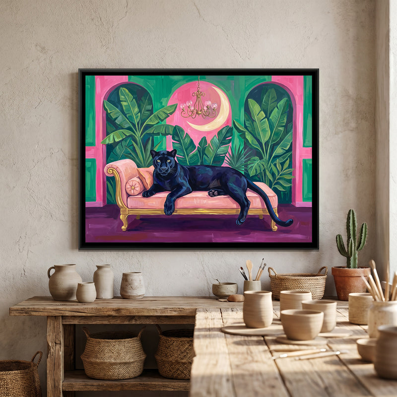 Black Panther on a Blush Daybed in Pink and Emerald - canvas art shown in a second room setting