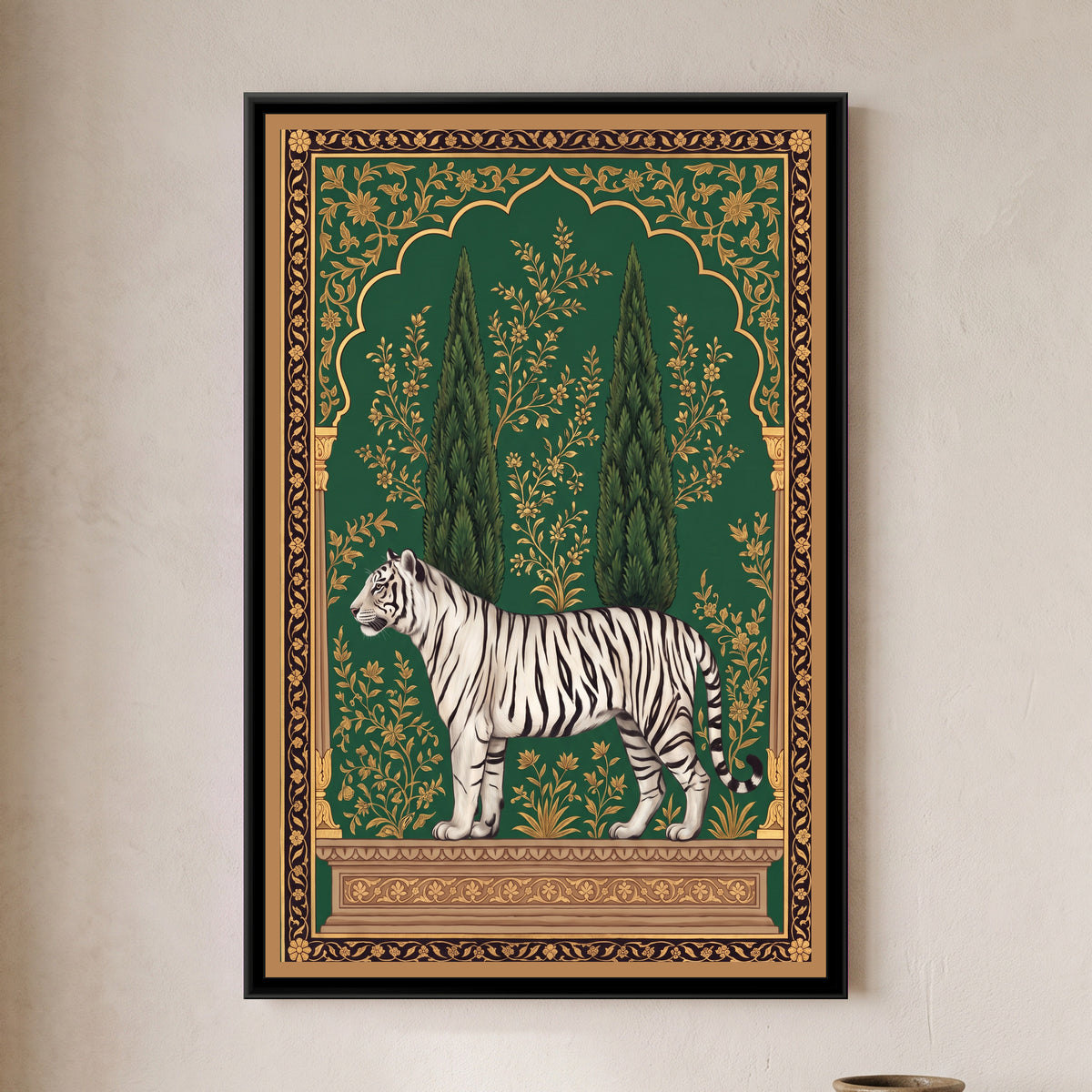 White Tiger under a Cypress Arch - framed canvas art hung on a wall