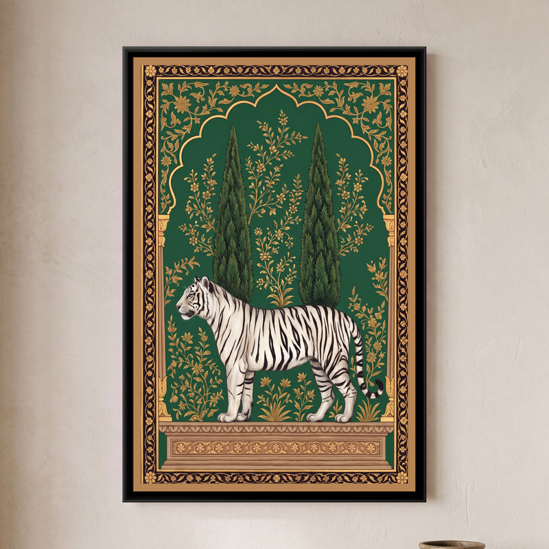 White Tiger under a Cypress Arch - framed canvas art hung on a wall