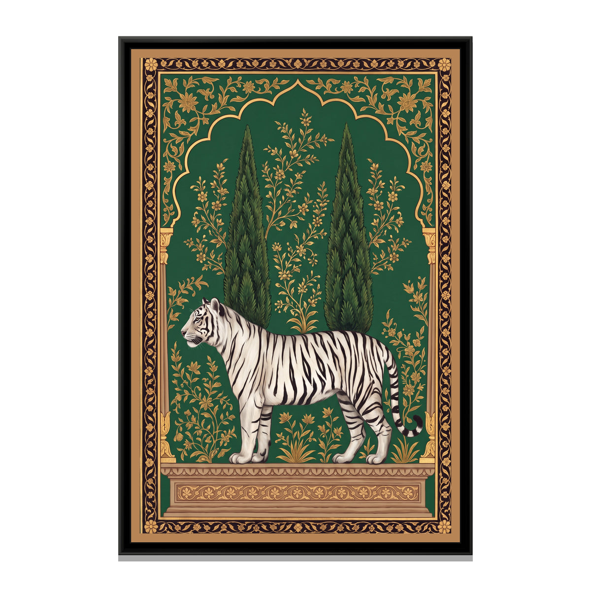 White Tiger under a Cypress Arch - framed canvas print, front view