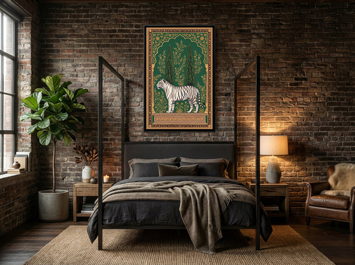 White Tiger under a Cypress Arch - canvas art shown in a second room setting