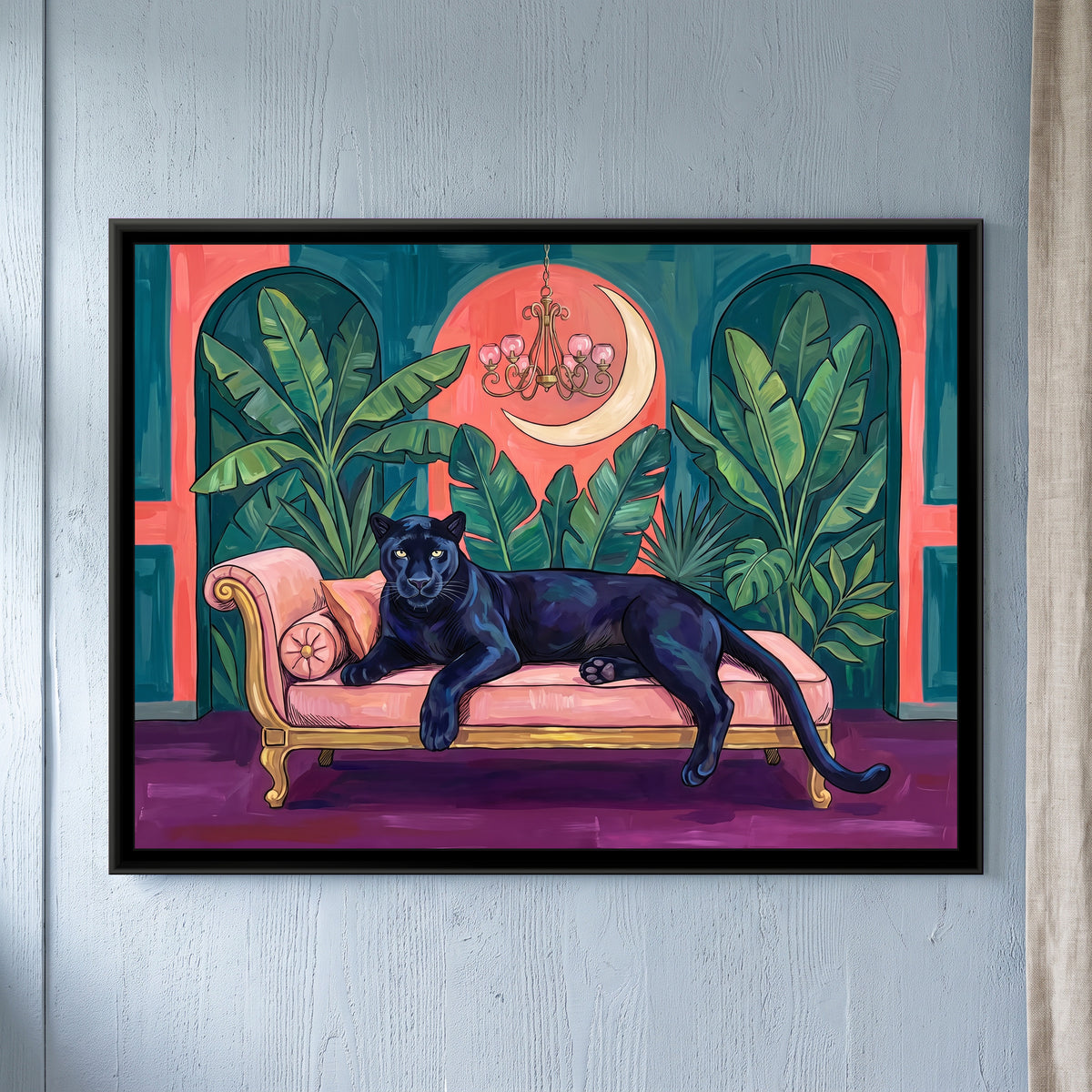 Black Panther on a Blush Daybed in Teal and Coral - framed canvas art hung on a wall
