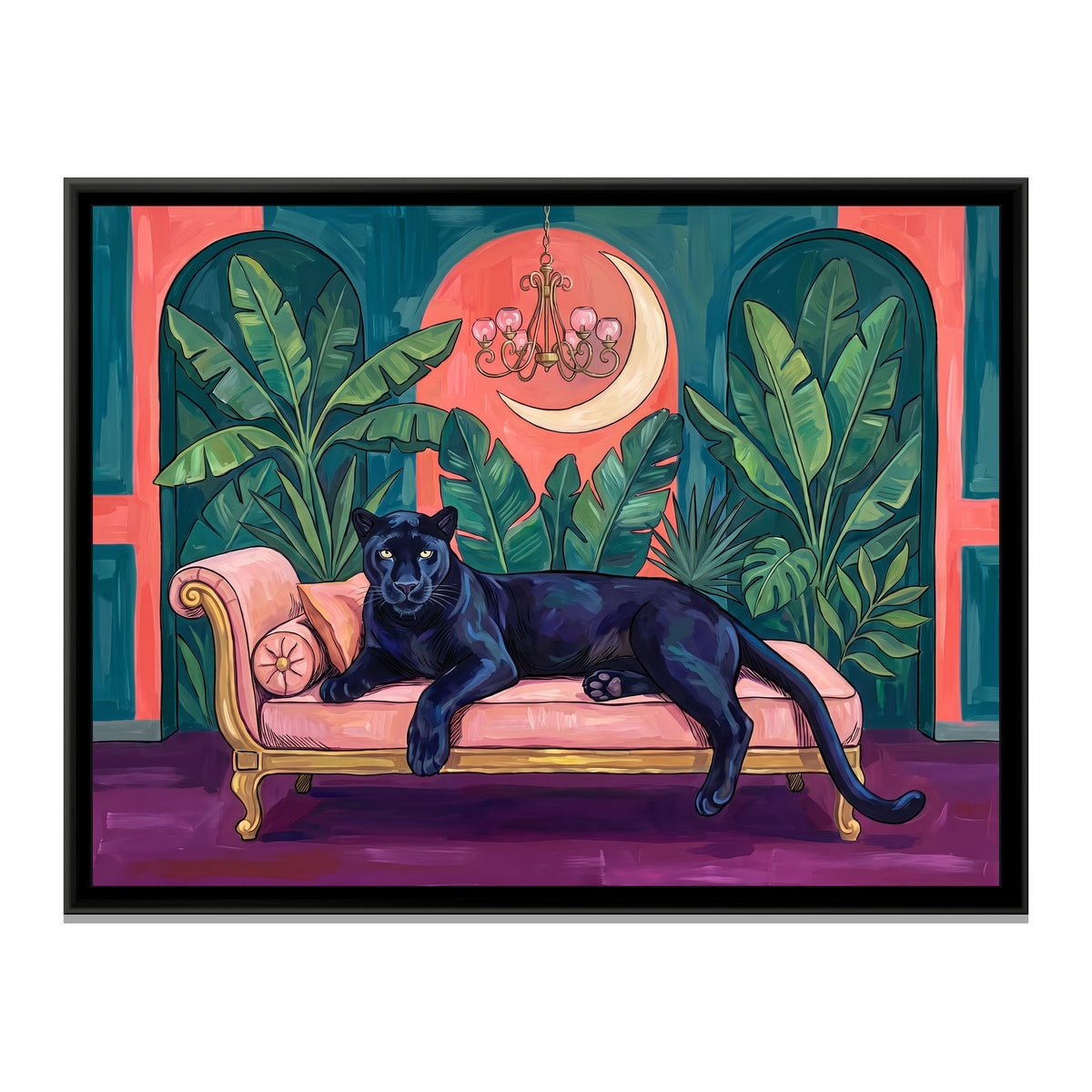 Black Panther on a Blush Daybed in Teal and Coral - framed canvas print, front view