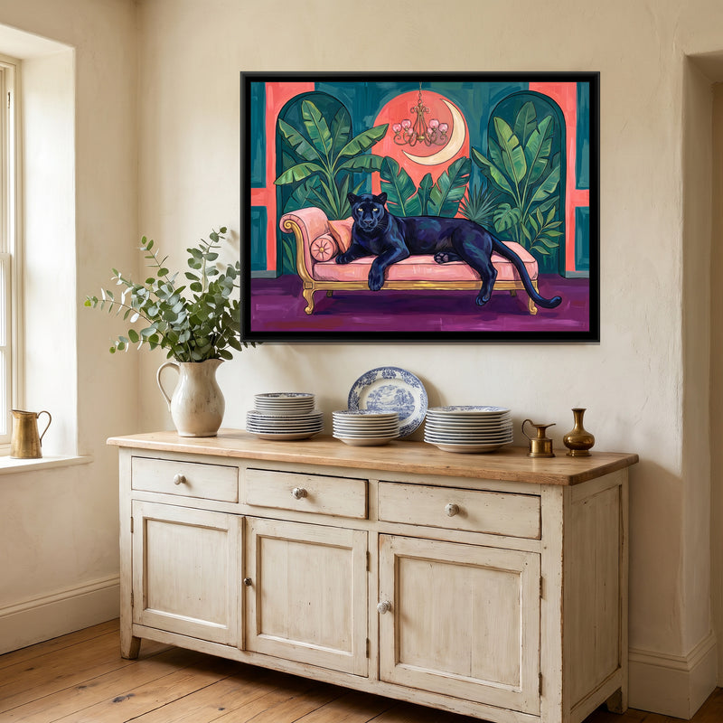 Black Panther on a Blush Daybed in Teal and Coral - canvas art shown in a second room setting