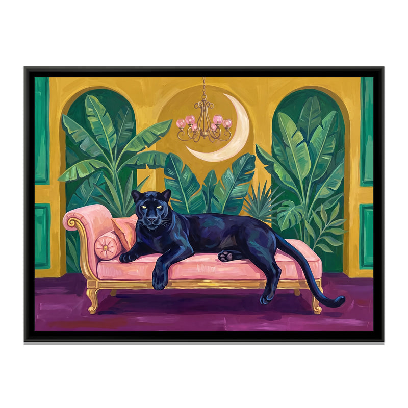 Black Panther on a Blush Daybed in Mustard and Emerald - framed canvas print, front view
