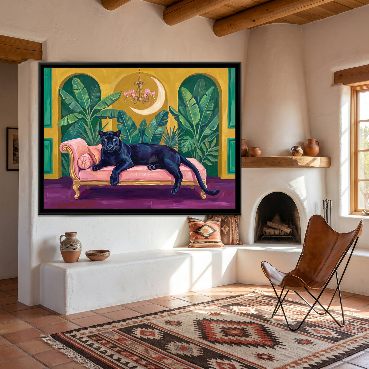 Black Panther on a Blush Daybed in Mustard and Emerald - canvas art shown in a styled room