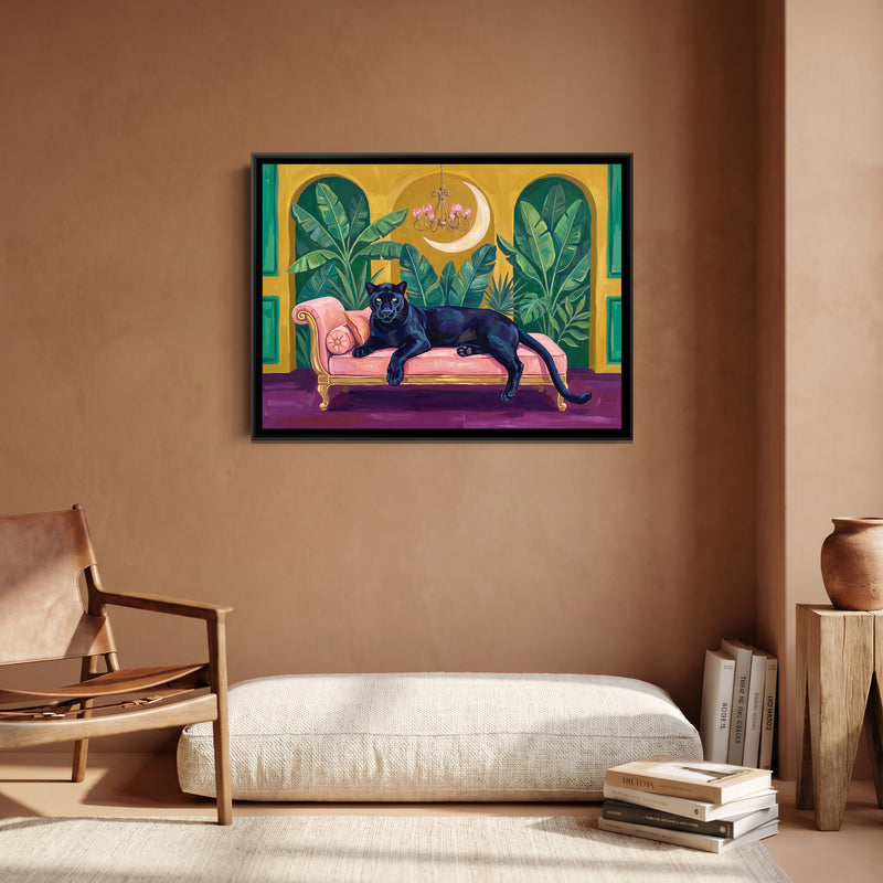 Black Panther on a Blush Daybed in Mustard and Emerald - canvas art shown in a styled room