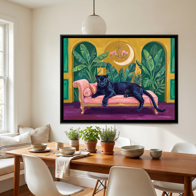 Black Panther on a Blush Daybed in Mustard and Emerald - canvas art shown in a second room setting