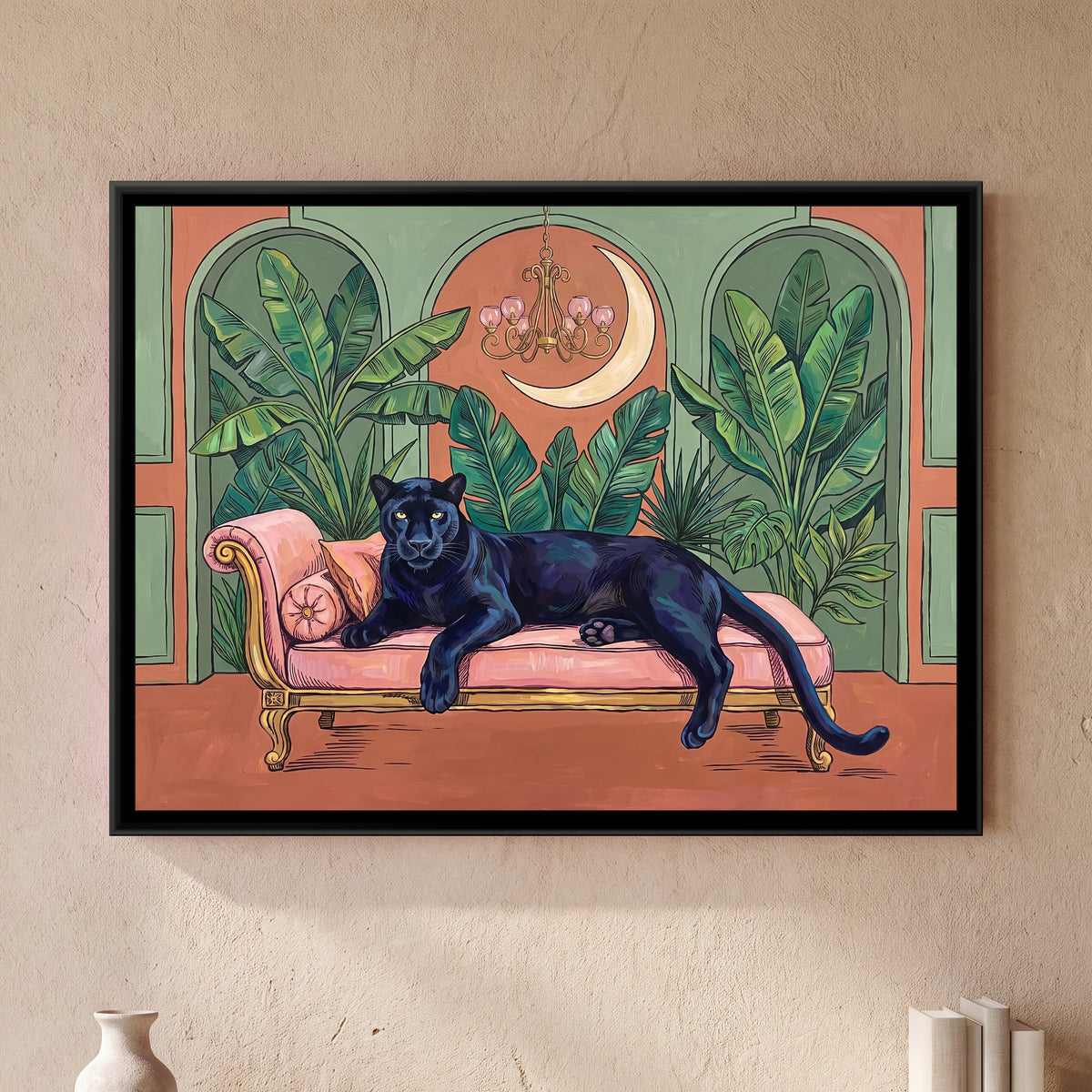 Black Panther on a Blush Daybed in Terracotta and Sage - framed canvas art hung on a wall