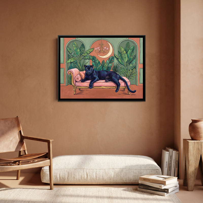 Black Panther on a Blush Daybed in Terracotta and Sage - canvas art shown in a second room setting