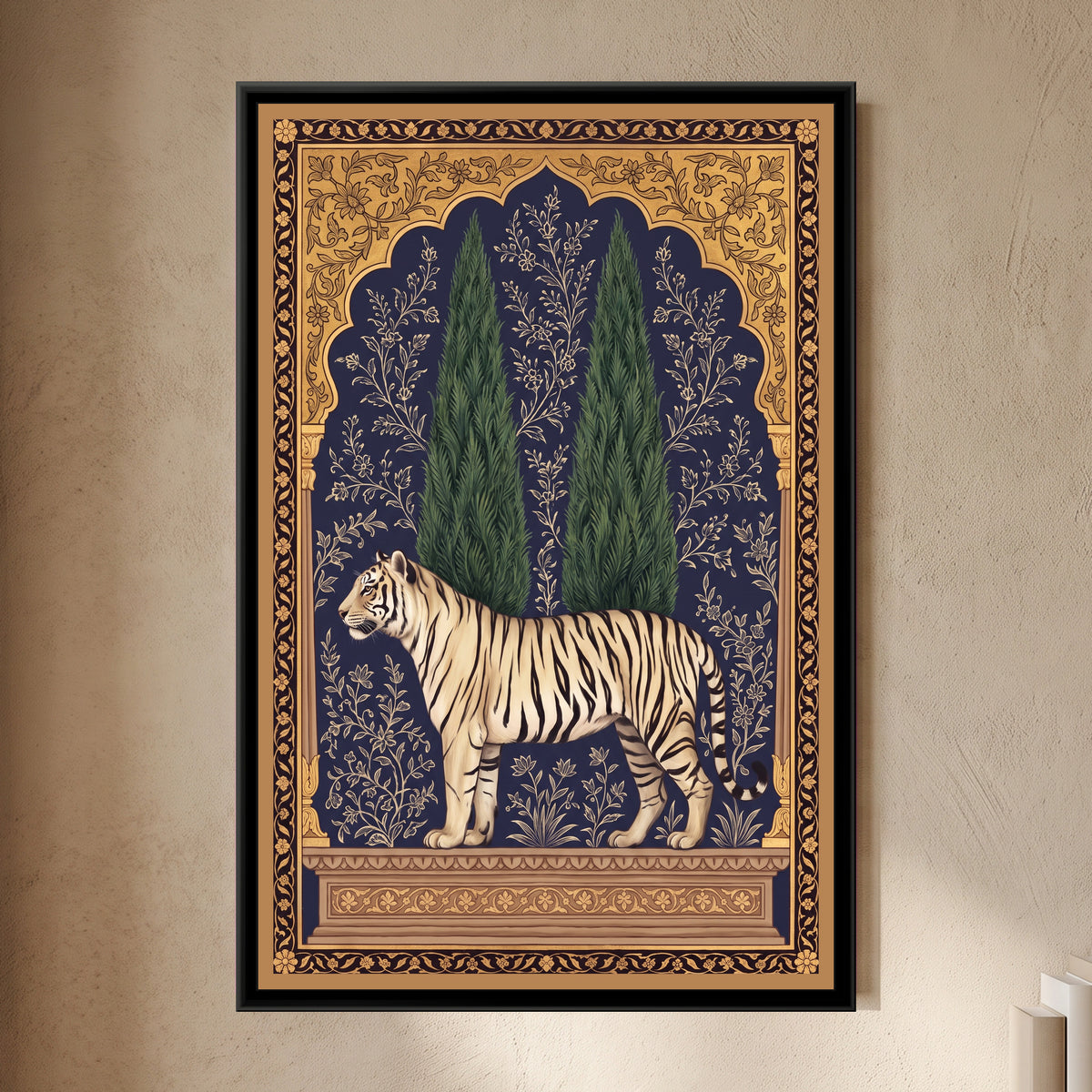 White Tiger under a Cypress Arch in Deep Indigo - framed canvas art hung on a wall