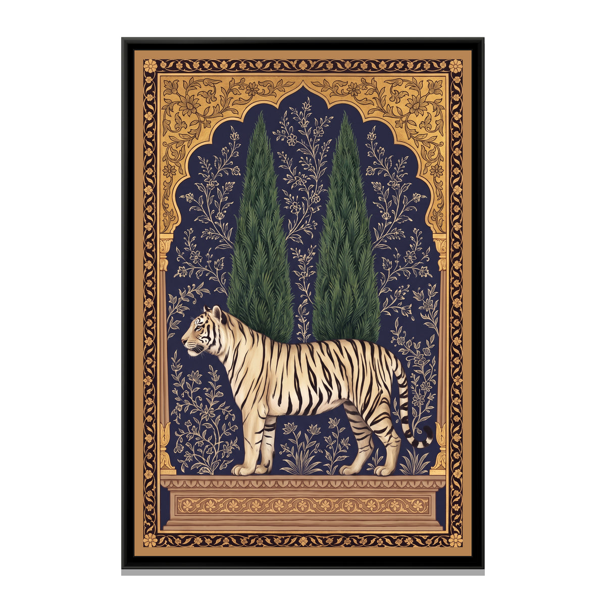 White Tiger under a Cypress Arch in Deep Indigo - framed canvas print, front view
