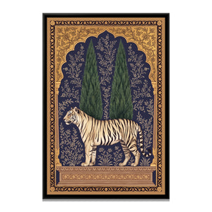 View 2 of White Tiger under a Cypress Arch in Deep Indigo