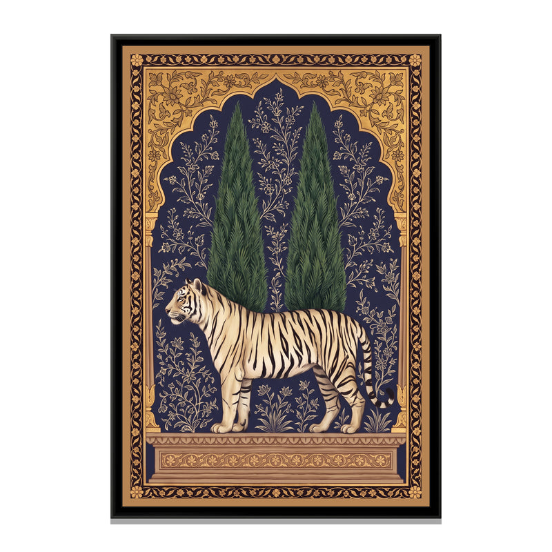White Tiger under a Cypress Arch in Deep Indigo - framed canvas print, front view