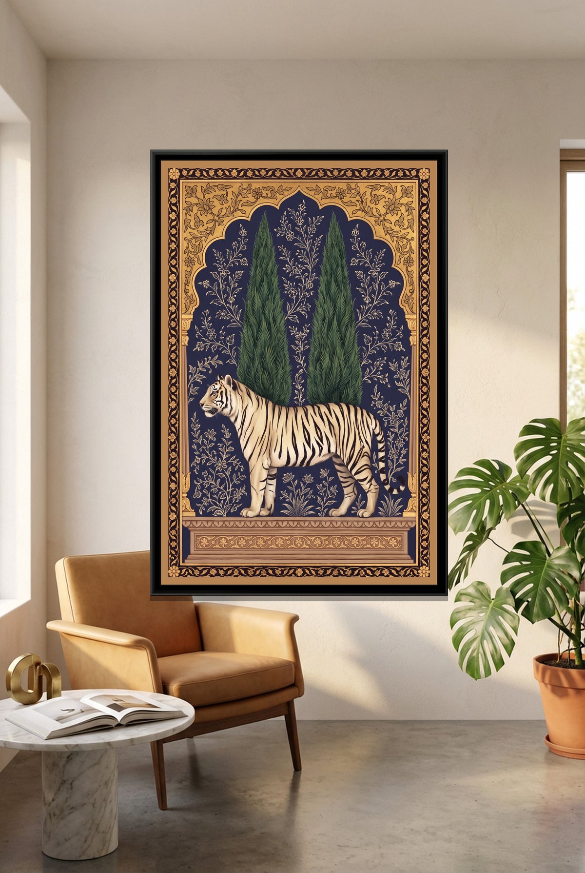 White Tiger under a Cypress Arch in Deep Indigo - canvas art shown in a styled room
