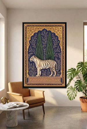 View 3 of White Tiger under a Cypress Arch in Deep Indigo