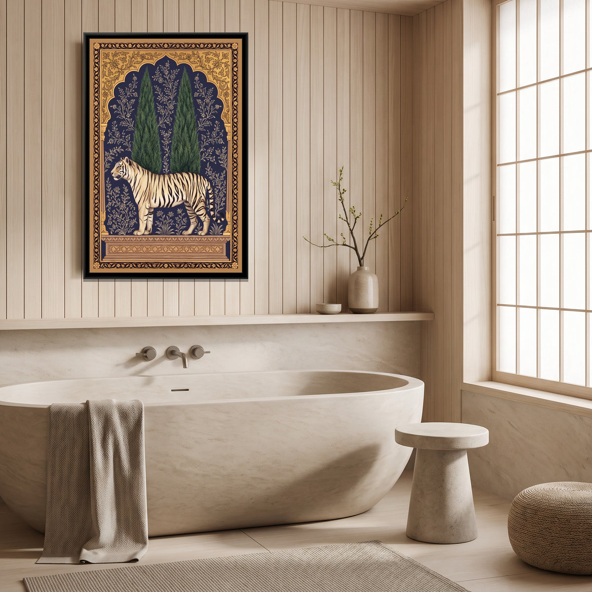White Tiger under a Cypress Arch in Deep Indigo - canvas art shown in a second room setting
