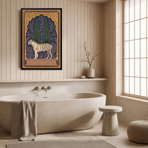 View 4 of White Tiger under a Cypress Arch in Deep Indigo