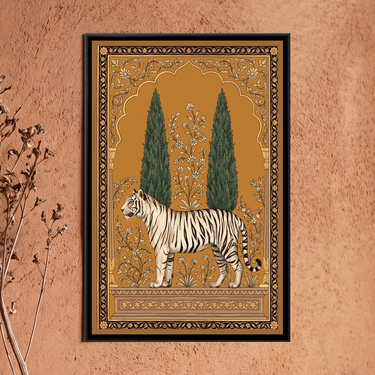 White Tiger under a Cypress Arch in Warm Ochre - framed canvas art hung on a wall