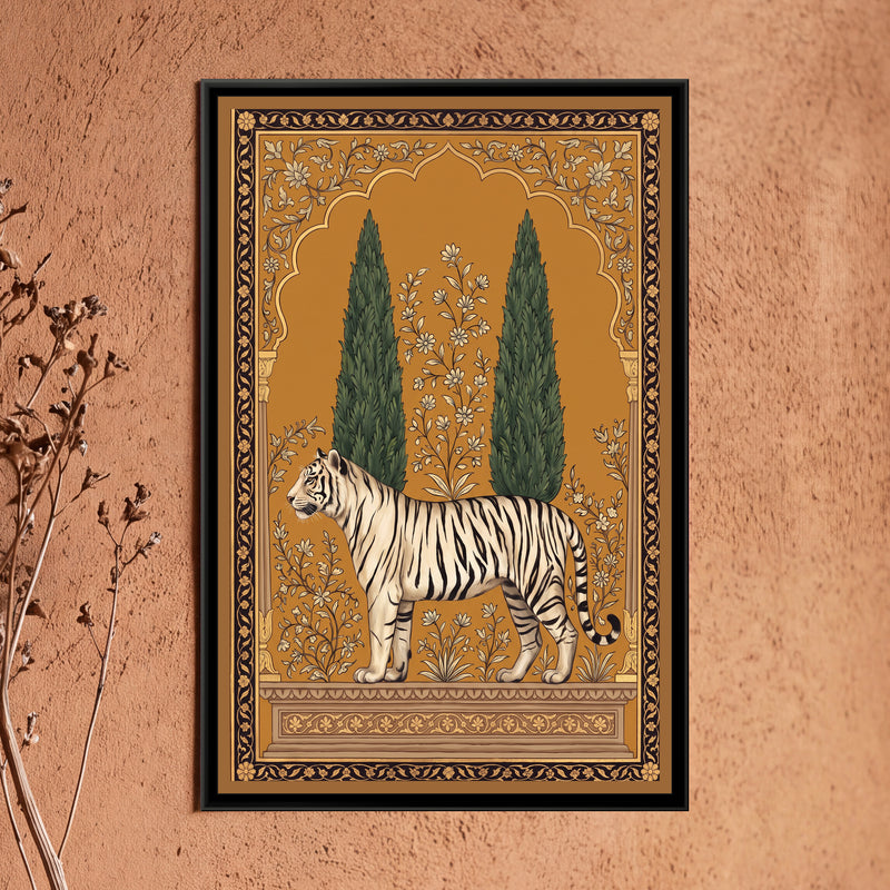 White Tiger under a Cypress Arch in Warm Ochre - framed canvas art hung on a wall