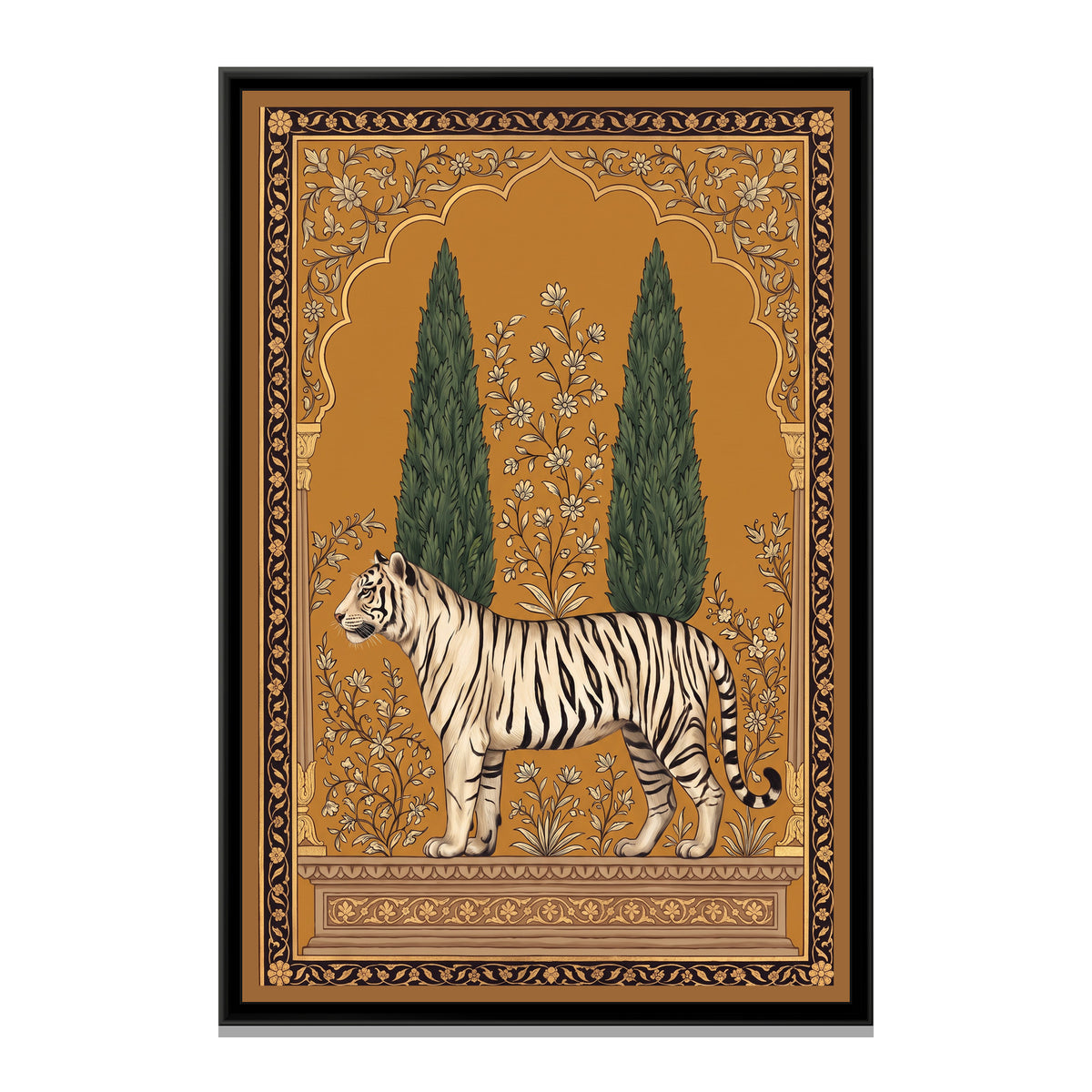 White Tiger under a Cypress Arch in Warm Ochre - framed canvas print, front view