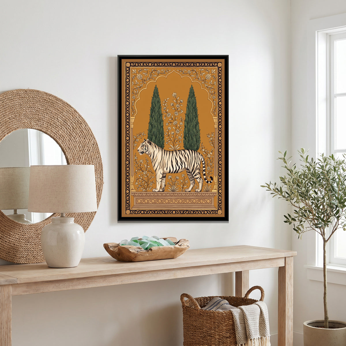 White Tiger under a Cypress Arch in Warm Ochre - canvas art shown in a second room setting