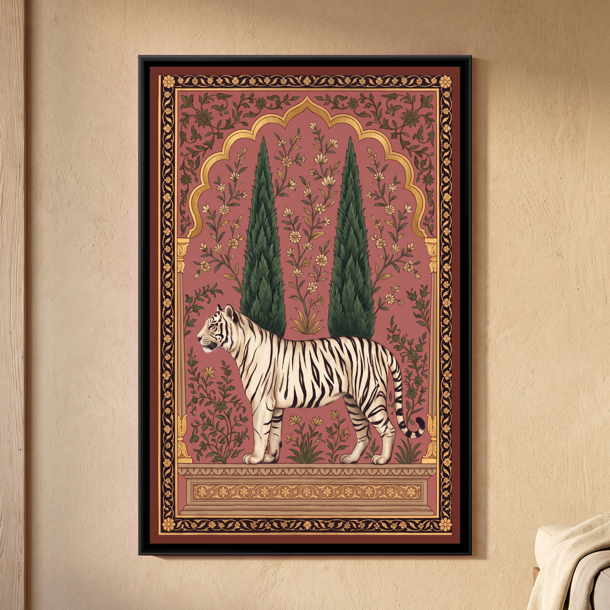 White Tiger under a Cypress Arch in Dusty Rose - framed canvas art hung on a wall