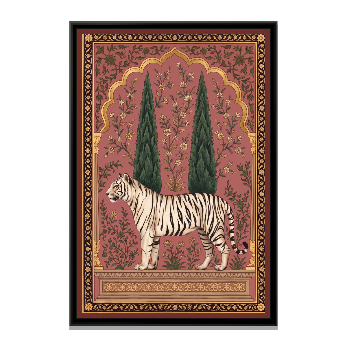 White Tiger under a Cypress Arch in Dusty Rose - framed canvas print, front view