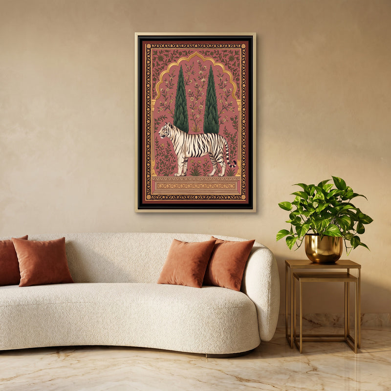 White Tiger under a Cypress Arch in Dusty Rose - canvas art shown in a styled room