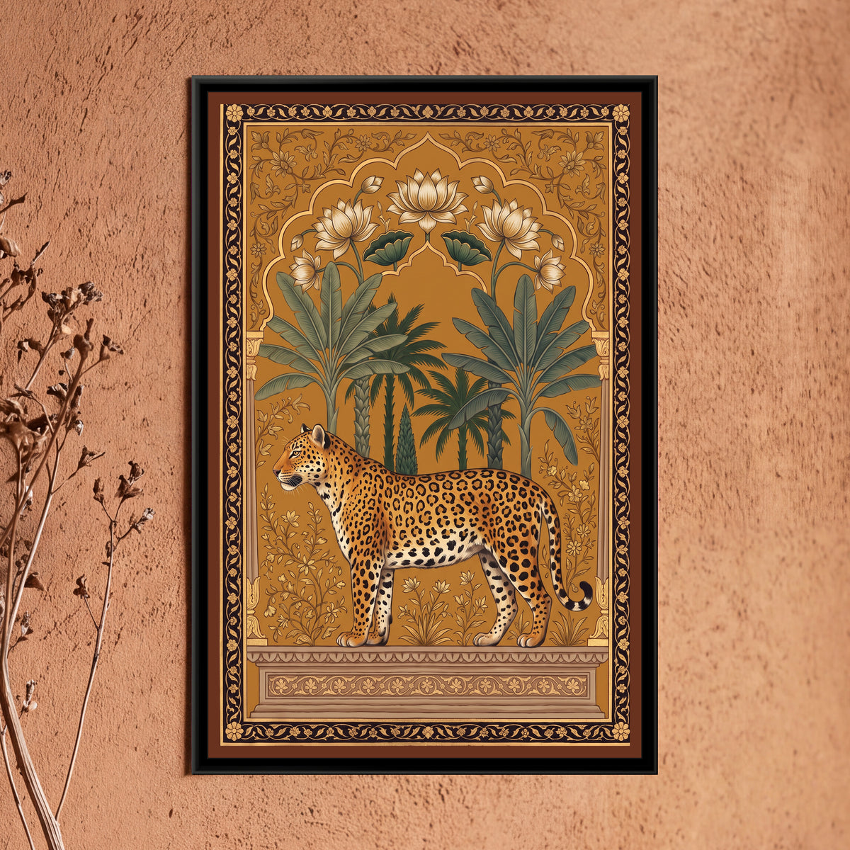 Leopard under a Lotus and Palm Arch in Warm Ochre - framed canvas art hung on a wall