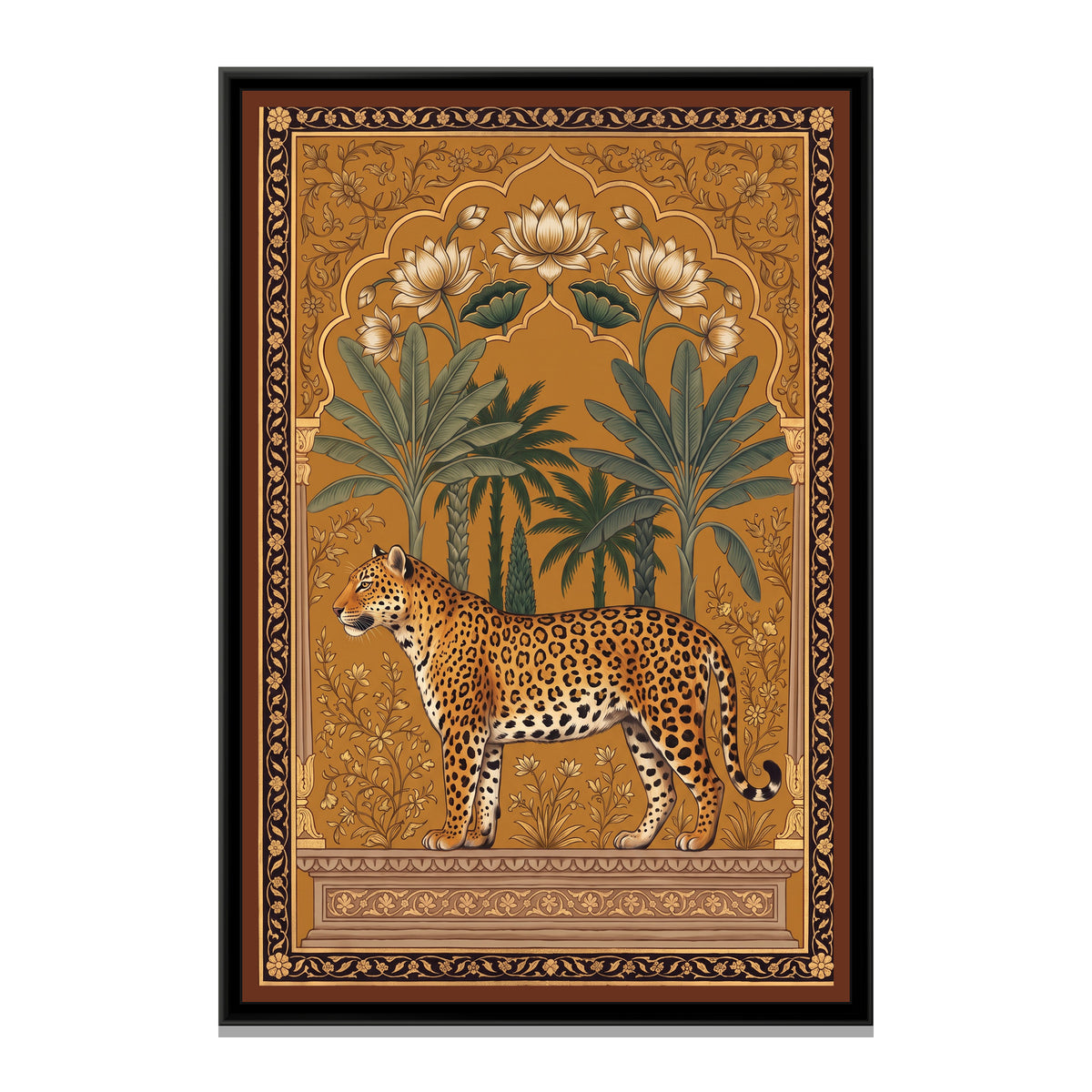 Leopard under a Lotus and Palm Arch in Warm Ochre - framed canvas print, front view