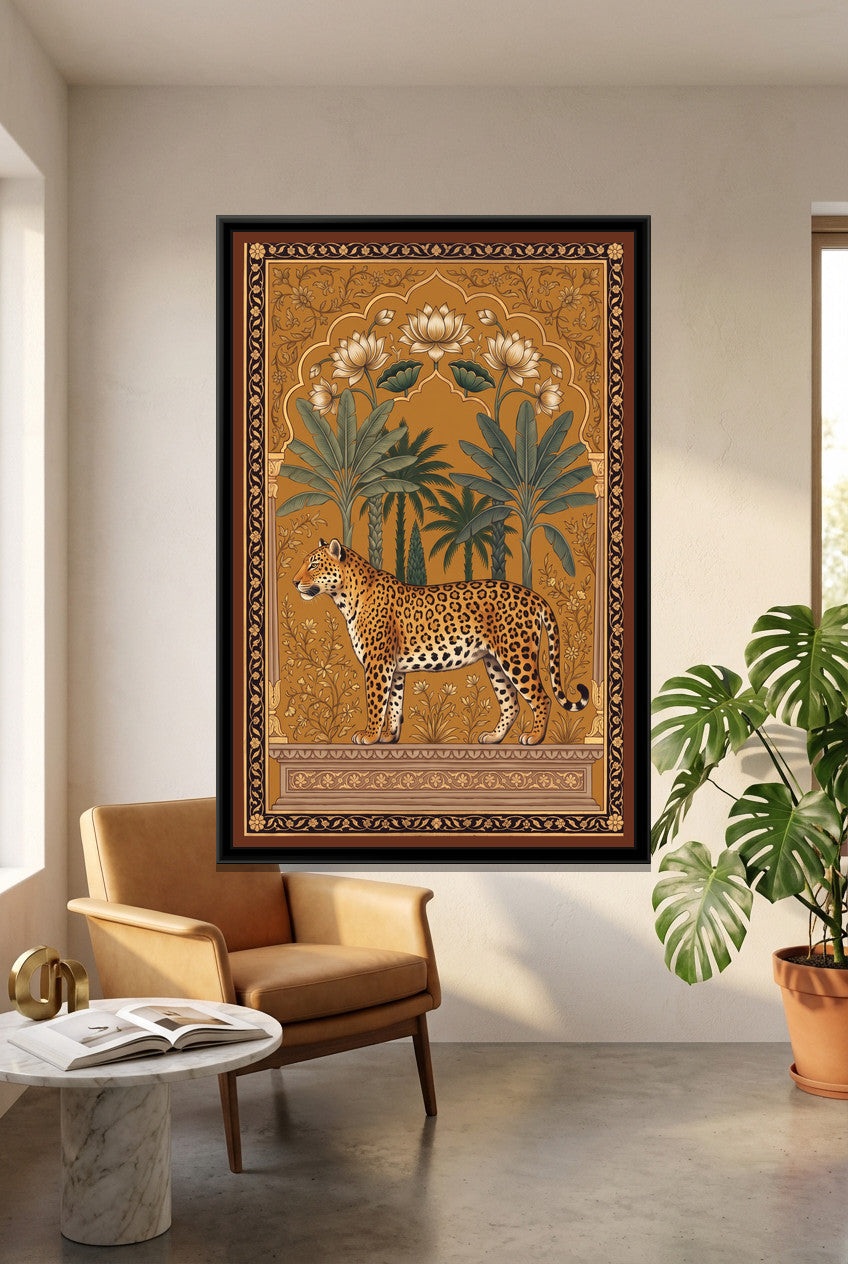 Leopard under a Lotus and Palm Arch in Warm Ochre - canvas art shown in a styled room