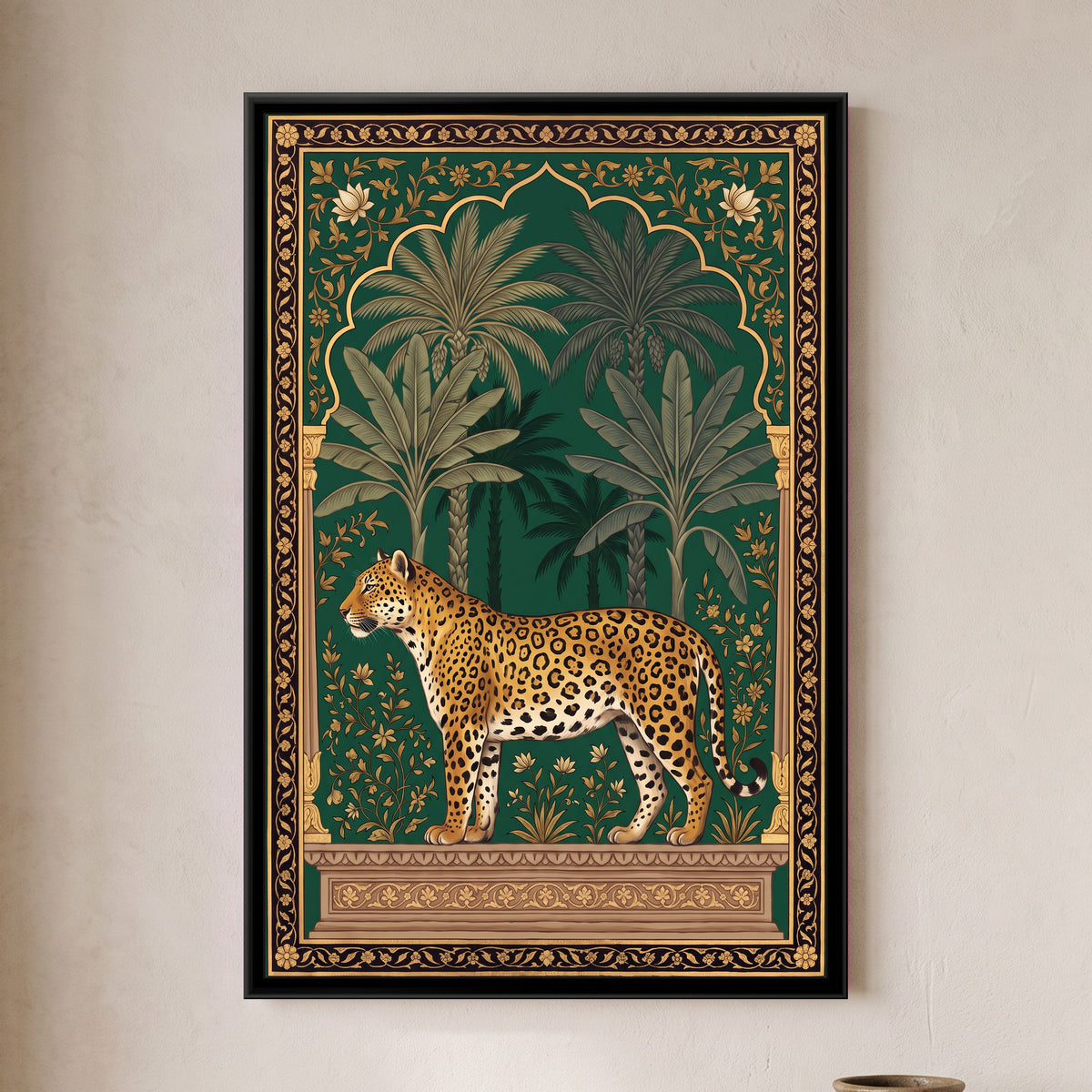 Leopard under a Palm Arch in Deep Emerald - framed canvas art hung on a wall