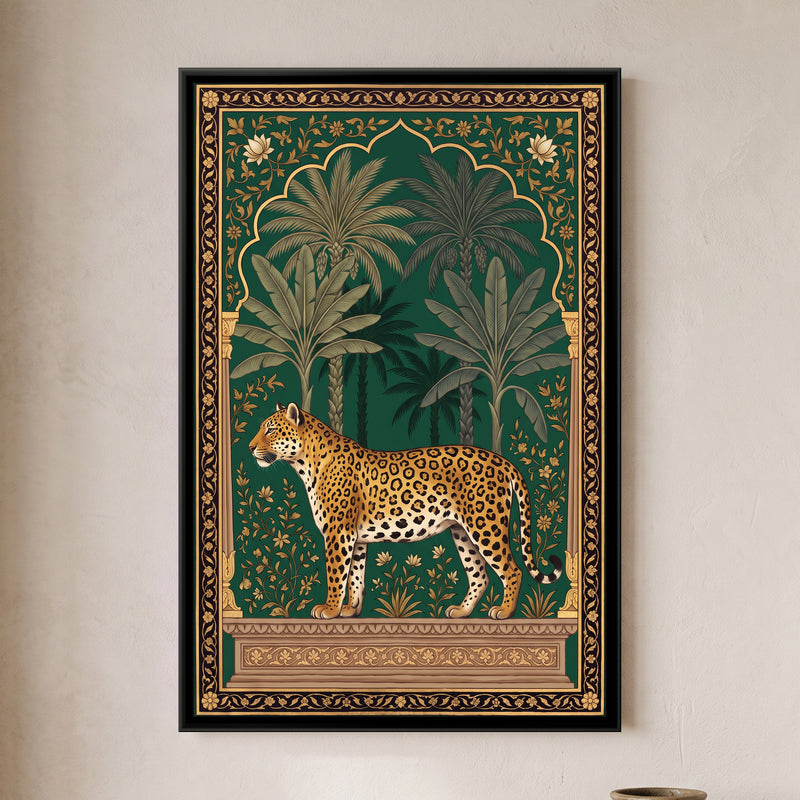 Leopard under a Palm Arch in Deep Emerald - framed canvas art hung on a wall