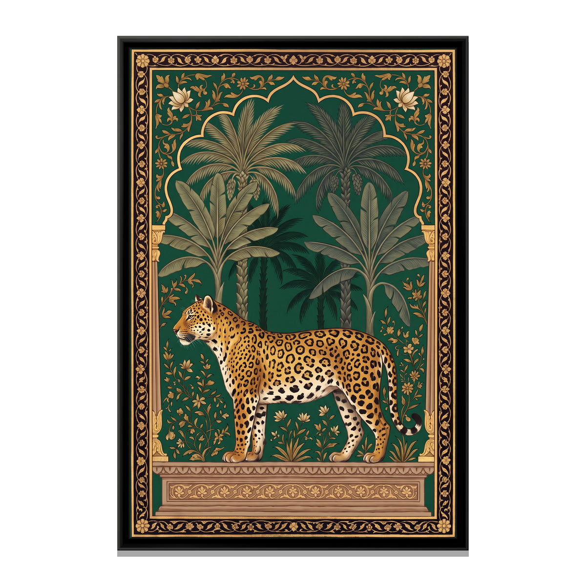 Leopard under a Palm Arch in Deep Emerald - framed canvas print, front view